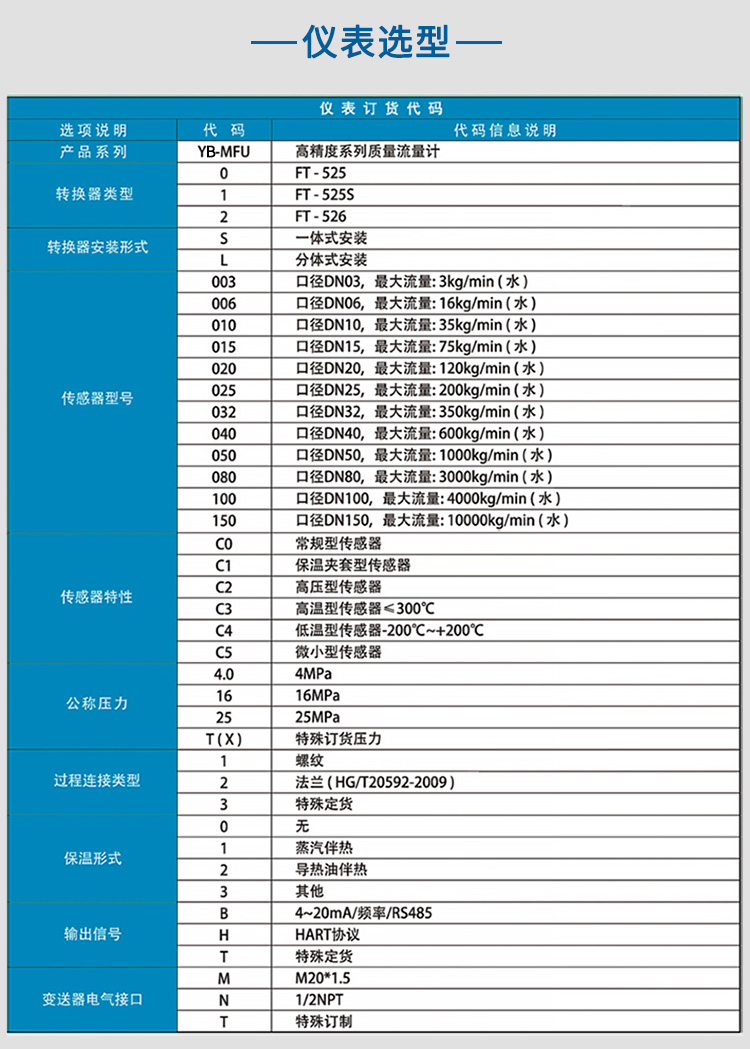 科里奧利質(zhì)量流量計(jì)選項(xiàng)表